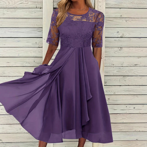 Damen Elegantes Midikleid mit Spitzenärmeln und schwingendem Rock Drune
