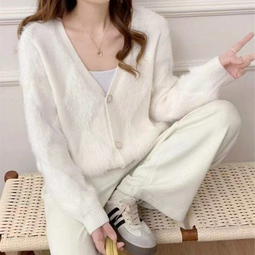 Damen Flauschige Strickjacke mit Knopfdetails Drune