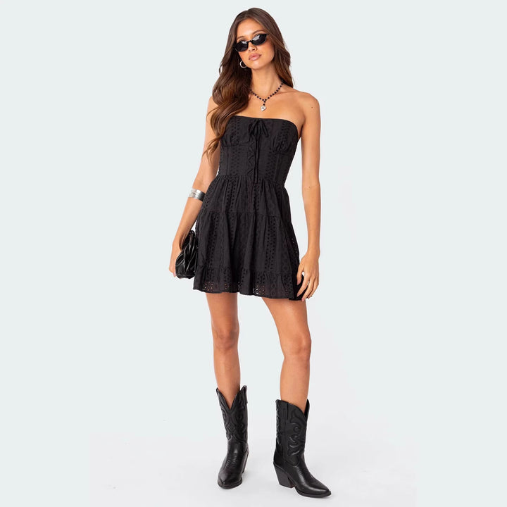 Damen Trägerloses Baumwollkleid mit gestickten Details und voluminösem Rock Drune