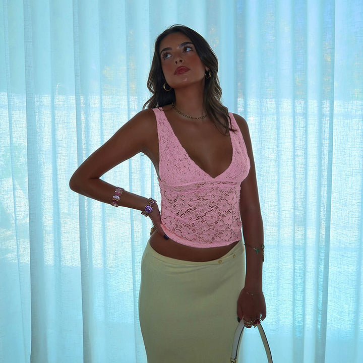 Damen Spitzen-Crop-Top mit tiefem V-Ausschnitt und Rüschendesign Drune