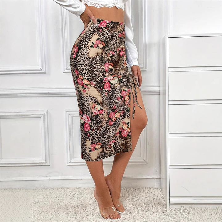 Damen Eleganter Midirock mit floralem Tiermuster und seitlichem Schlitz Drune