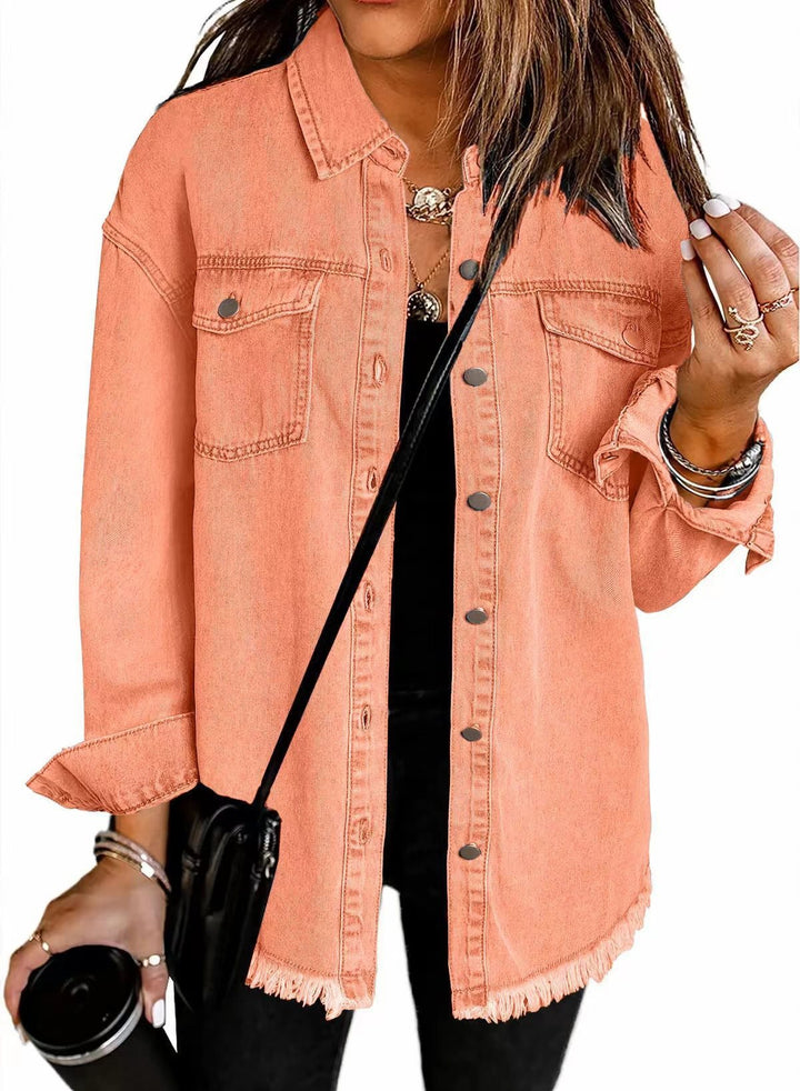 Damen Jeanshemd mit fransigem Saum und praktischen Taschen Drune