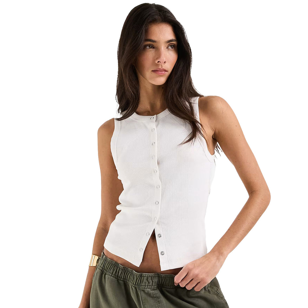 Damen Ärmelloses Rippenshirt mit durchgehender Knopfleiste Drune