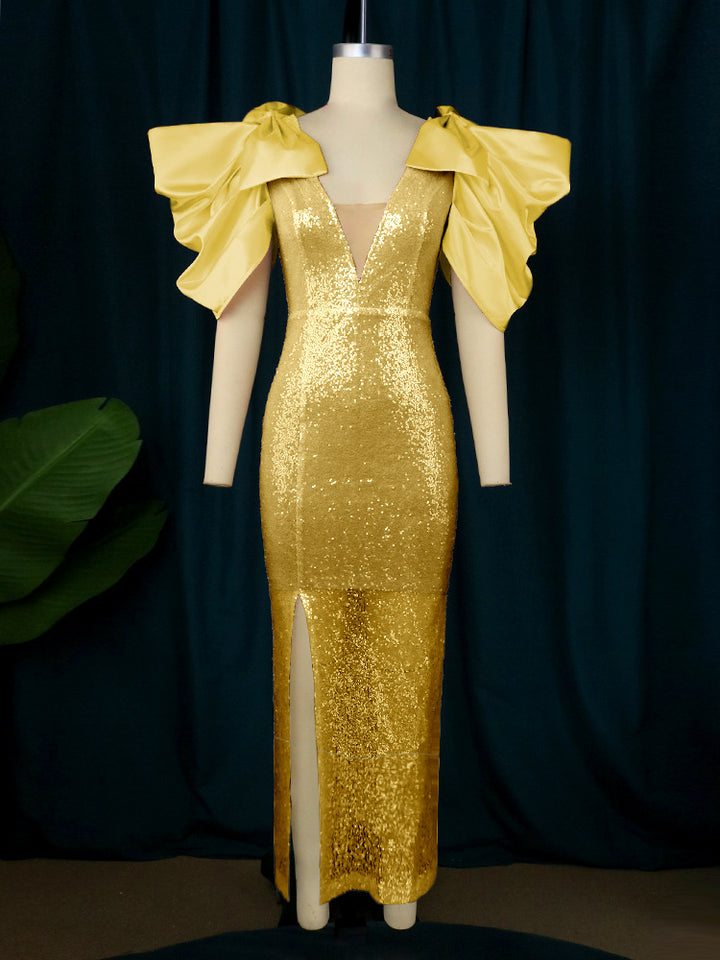 Damen Figurbetontes Glamour-Kleid mit schimmerndem Stoff und voluminösen Ärmeln Drune