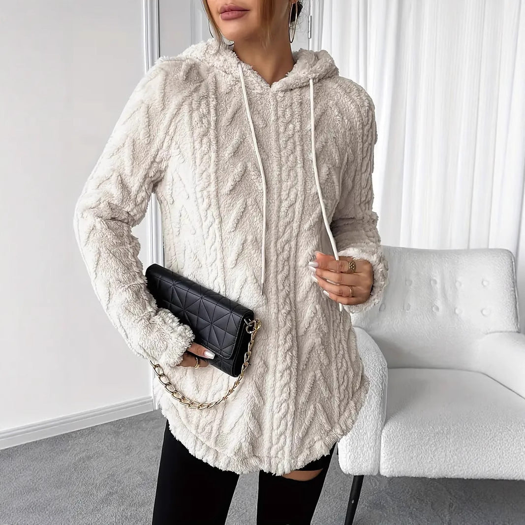 Damen Flauschiger Kapuzenpullover mit Zopfdesign Drune