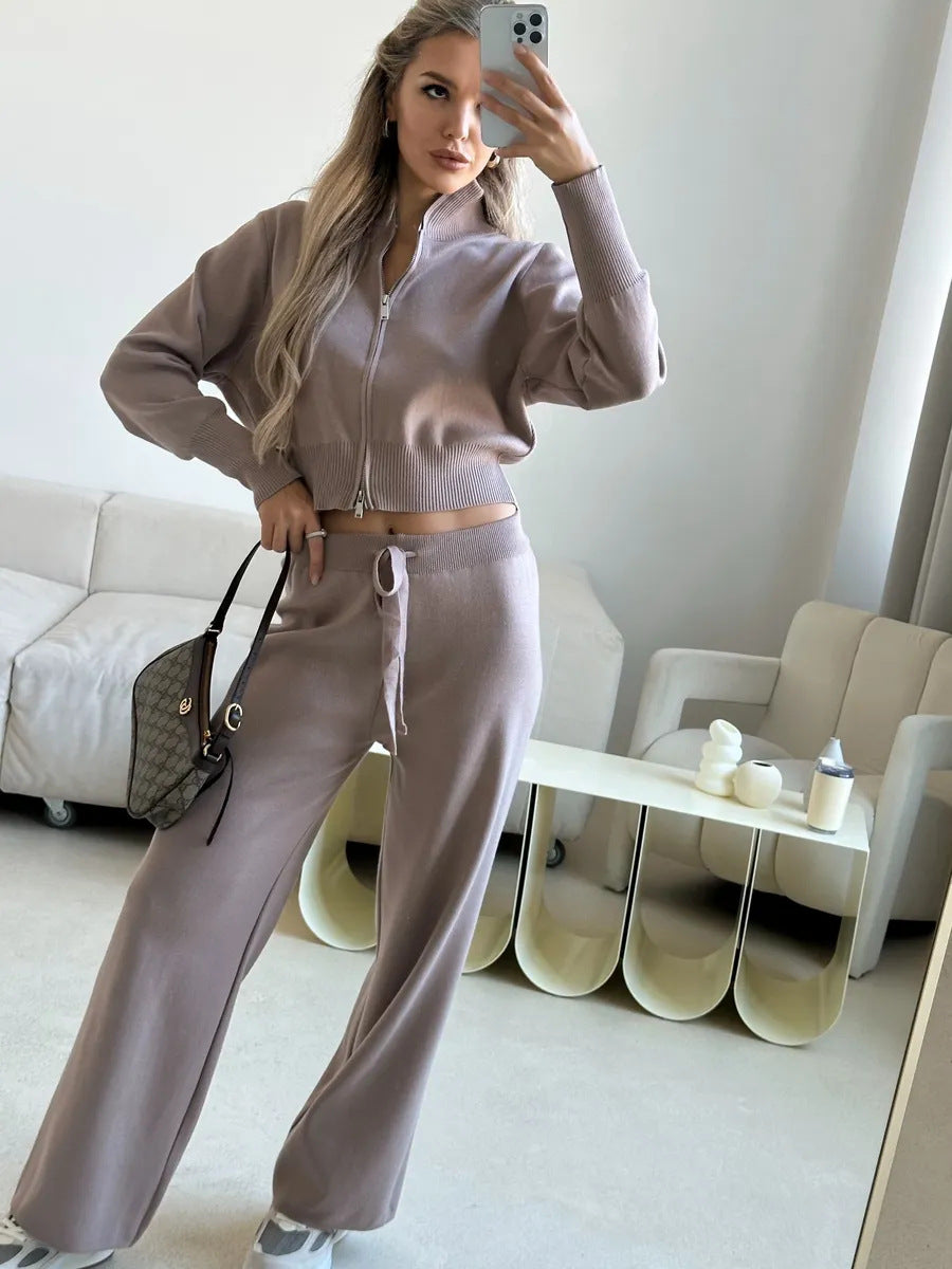 Damen lockerer Strick-Loungewear-Anzug mit hohem Kragen Drune