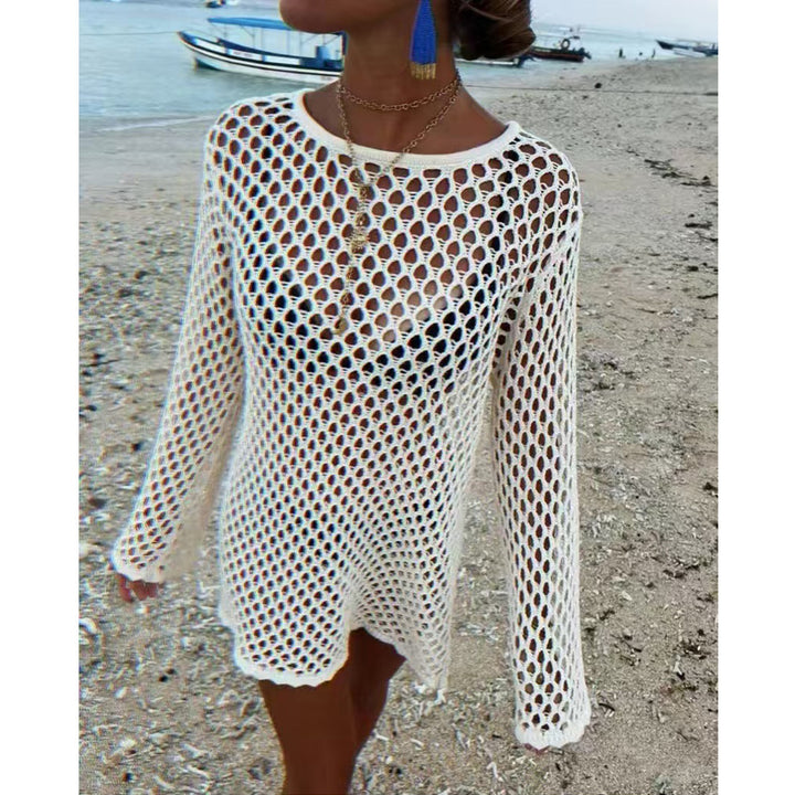 Damen luftiger Häkel-Strandüberwurf mit weiten Ärmeln und asymmetrischem Saum Drune