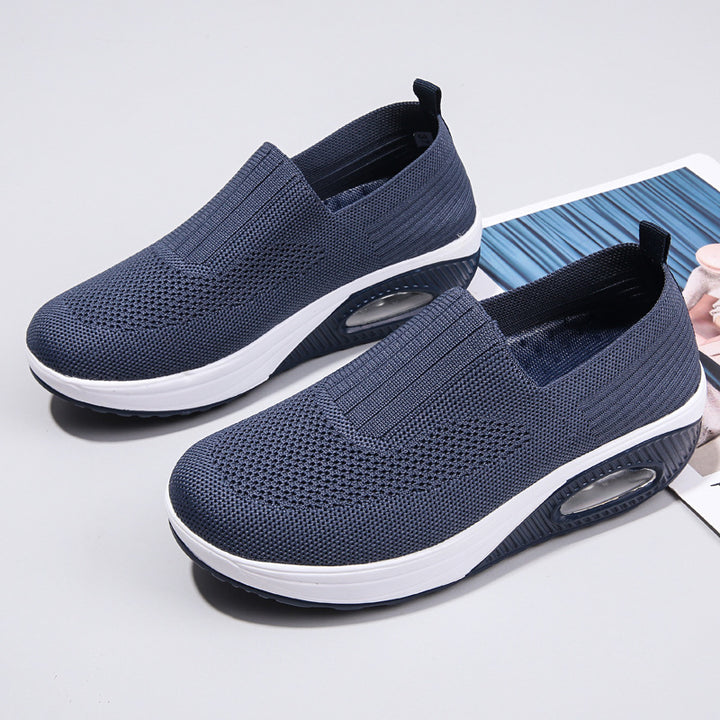 Damen nan elastische Strick-Slipper mit ergonomischer Keilsohle und sichtbarer Luftpolsterkapsel Drune