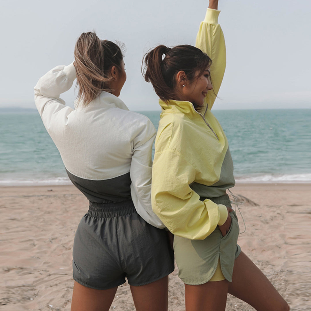 Damen nan sportliches kurzes Trainingsset mit halbem Reißverschluss, Tunnelzug und elastischen Laufshorts Drune