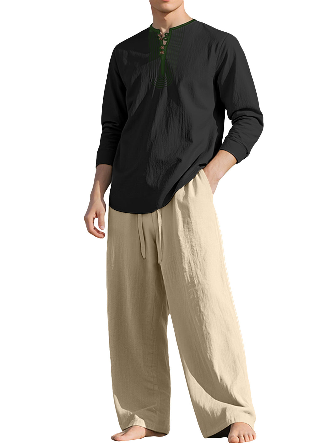 Herren nan Tunika- und Palazzohose-Set mit Henley-Blende, Zierstickerei und weitem Schnitt Drune
