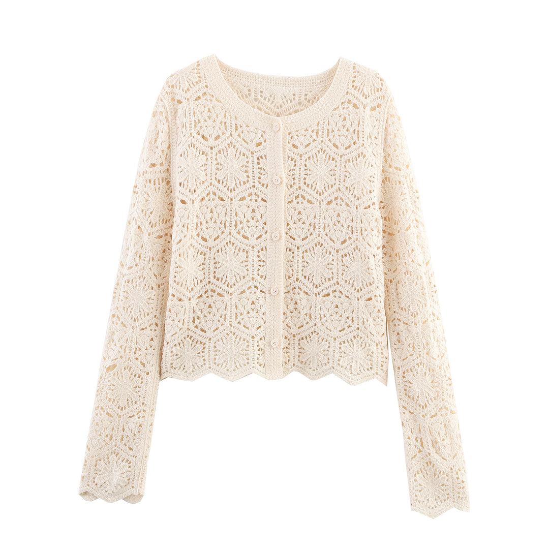 Damen lässige Strickjacke mit floralem Lochmuster und Knopfleiste Drune