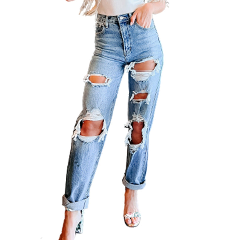 Damen Destroyed Boyfriend Jeans im lässigen Schnitt mit hohem Bund Drune