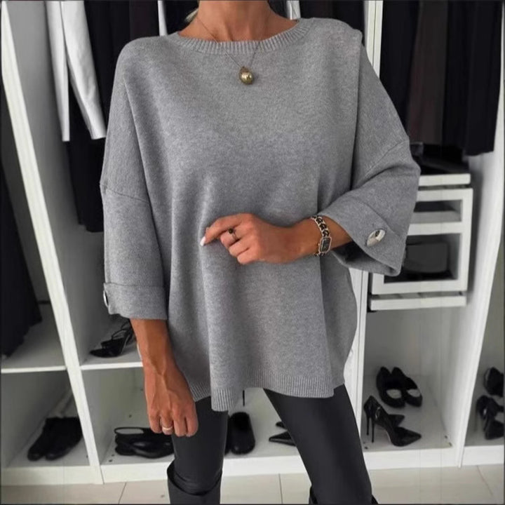 Damen lässiger Strickpullover mit modischen Knopfdetails Drune