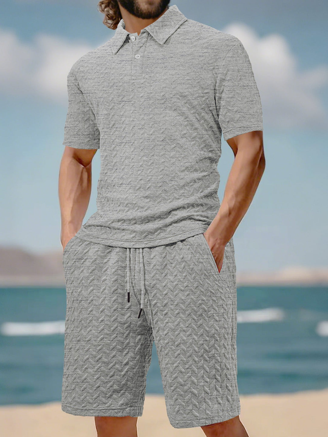 Herren nan geprägtes Strand-Ensemble mit offenem Kurzarm-Hemd und Kordel-Bermuda Drune