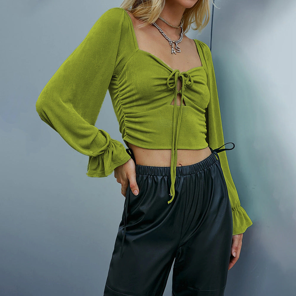 Damen cropped Langarmshirt mit raffinierten Rüschendesigns und knotbarem Detail Drune