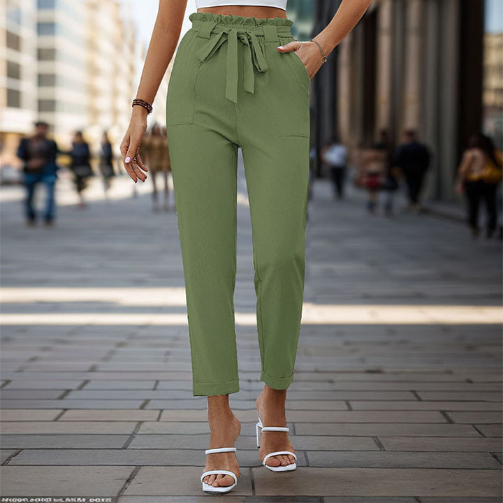 Damen elegante Bundfaltenhose mit Bindegürtel Drune
