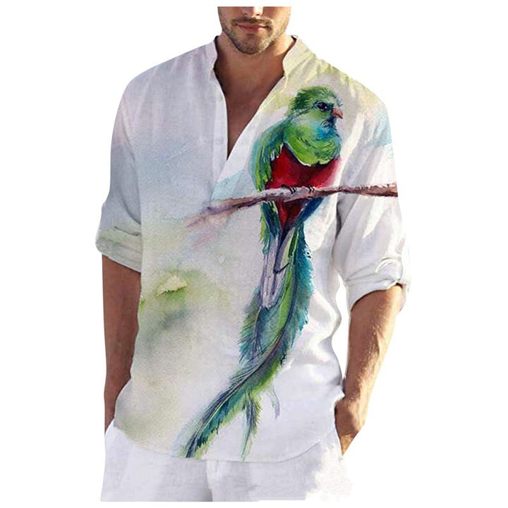 Herren Leinenhemd mit einzigartigem Federdesign und modischem Henley-Ausschnitt Drune