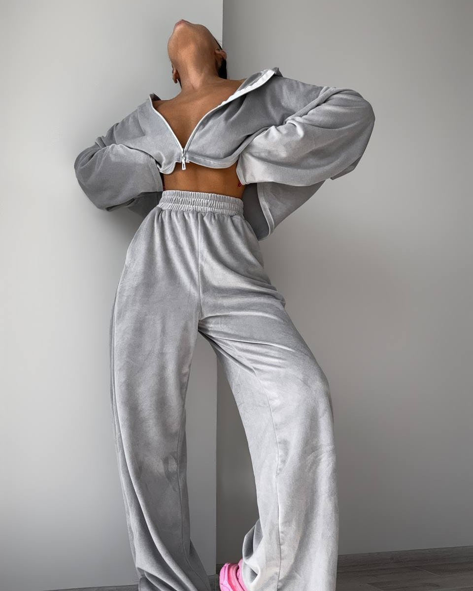 Damen Übergröße Fleece Set mit kurzem Oberteil und weitem Bein Drune