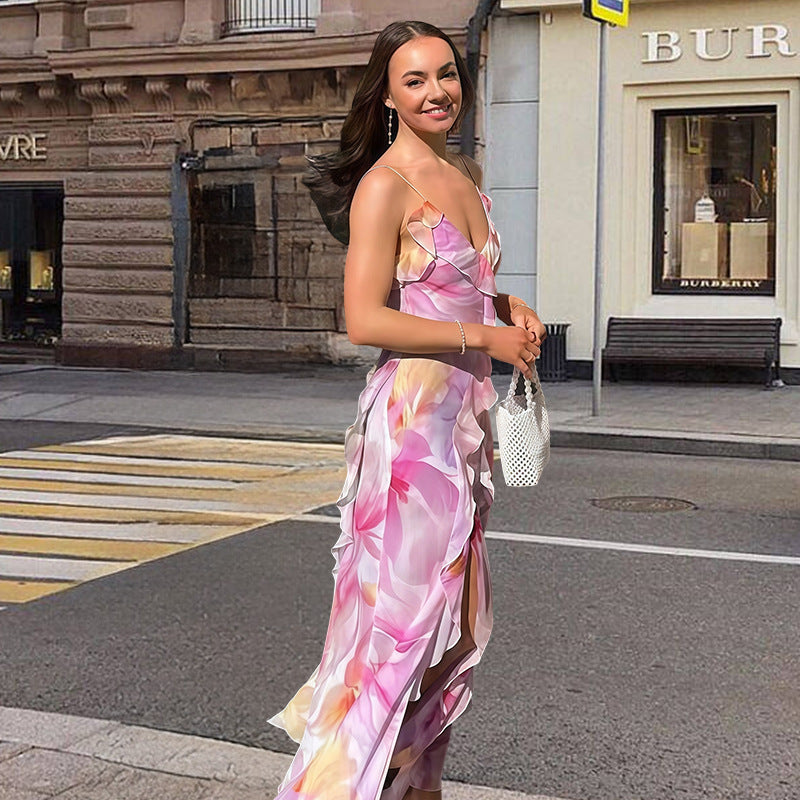 Damen Maxikleid mit floralem Design und raffinierten Rüschendetails Drune
