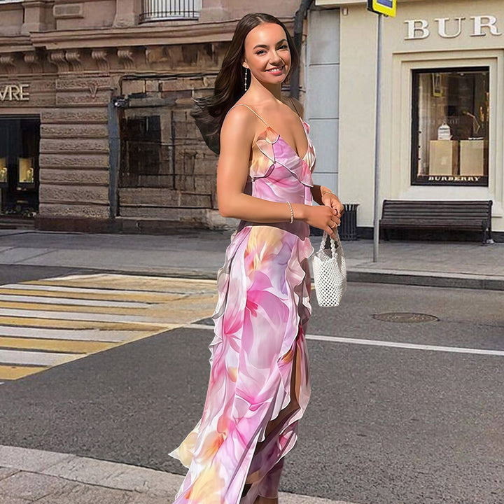 Damen Maxikleid mit floralem Design und raffinierten Rüschendetails Drune