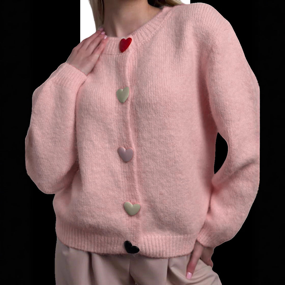 Damen lockerer Strickpullover mit herzförmigen Knöpfen und weitem Schnitt Drune