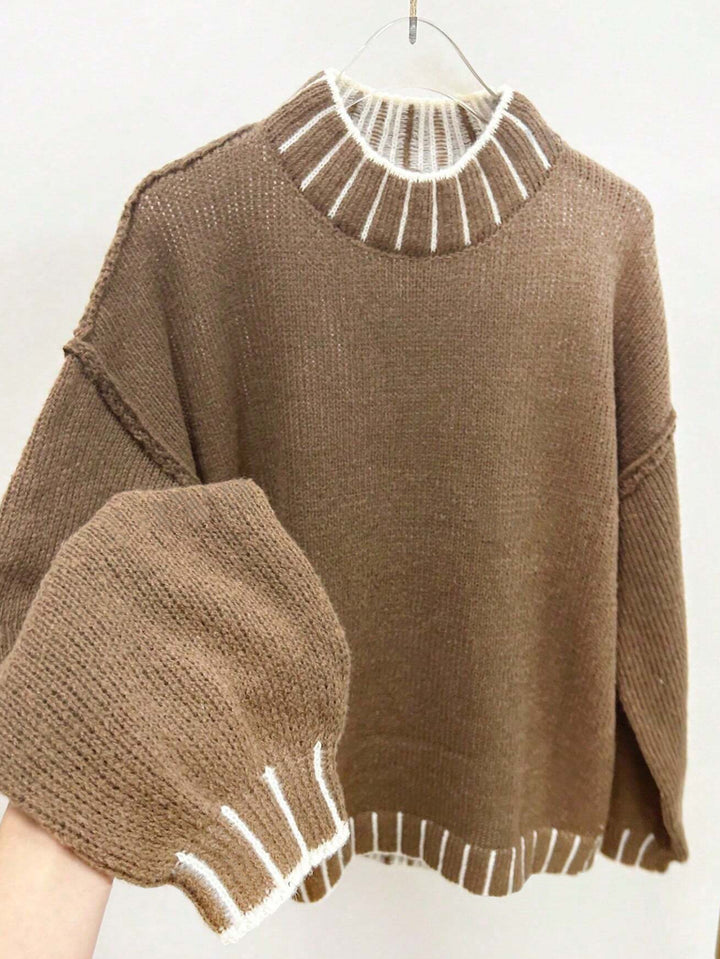 Damen lässiger Strickpullover mit hohem Kragen und anpassbaren Ärmeln Drune