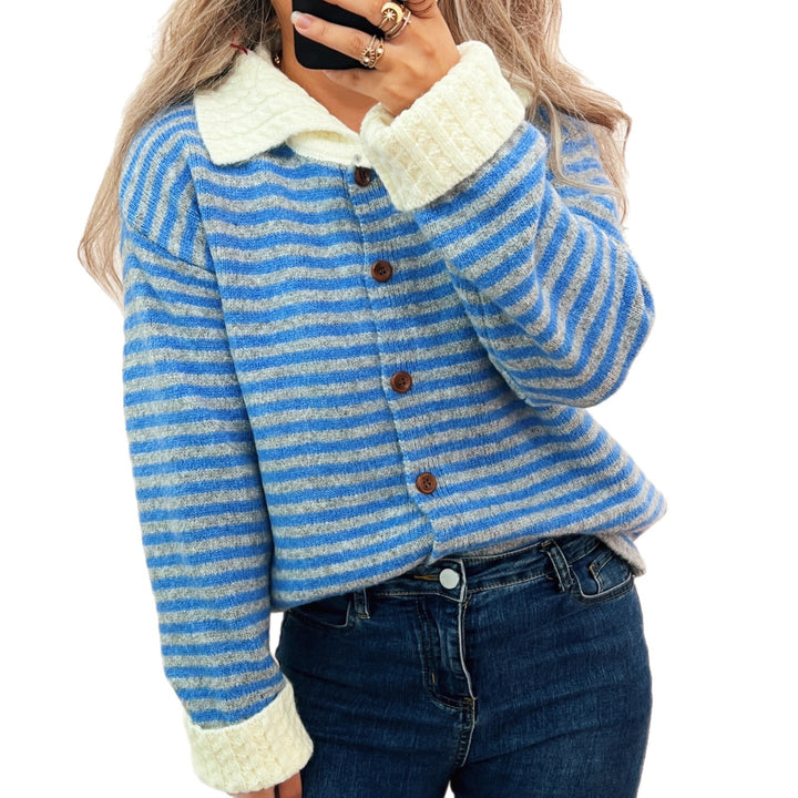 Damen lässige Strickjacke mit breitem Kragen und Knopfdetails Drune