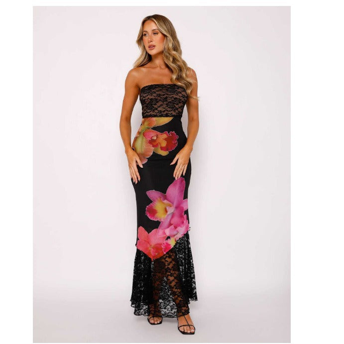Damen Off-Shoulder Spitzenkleid mit Floral-Akzenten und transparentem Unterstoff Drune
