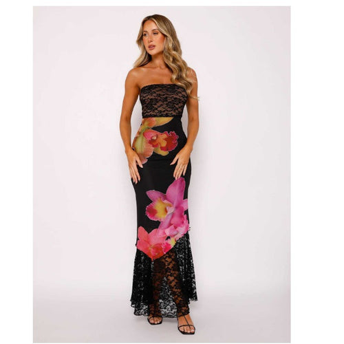 Damen Off-Shoulder Spitzenkleid mit Floral-Akzenten und transparentem Unterstoff Drune