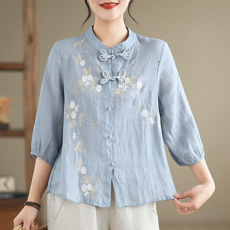 Damen Bestickte Bluse mit halben Ärmeln und Mandarin-Kragen Drune