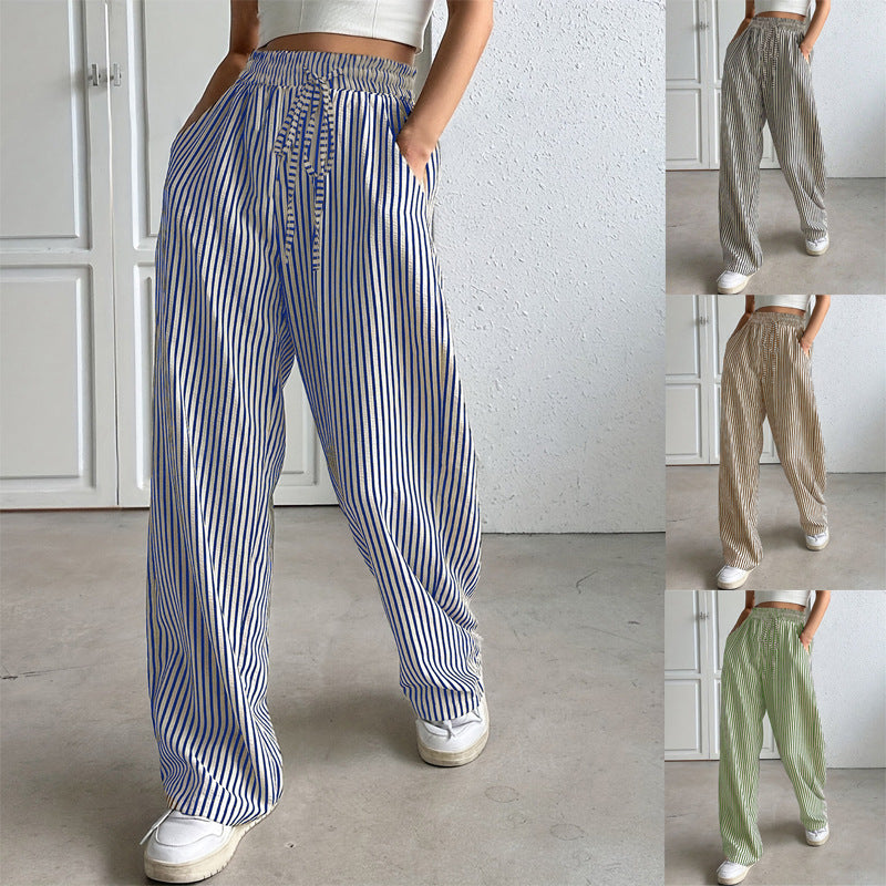 Damen weit geschnittene gestreifte Hose mit elastischem Bund und praktischen Taschen Drune