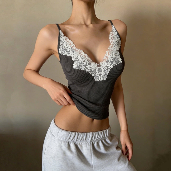 Damen Elegantes Top mit Spitzenverzierung und tiefem V-Ausschnitt Drune