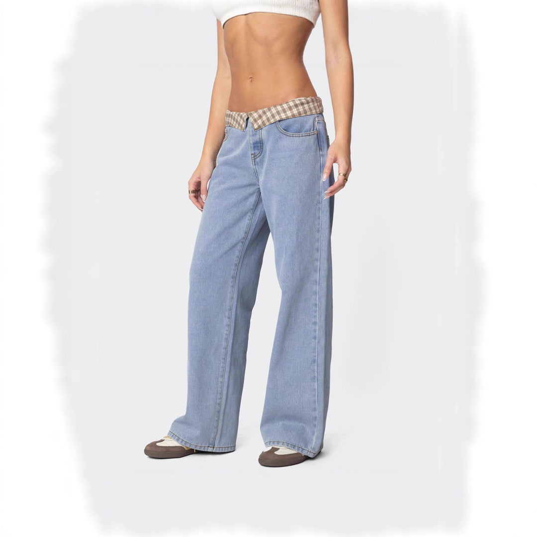 Damen Weite Jeans mit kariertem Bund Drune