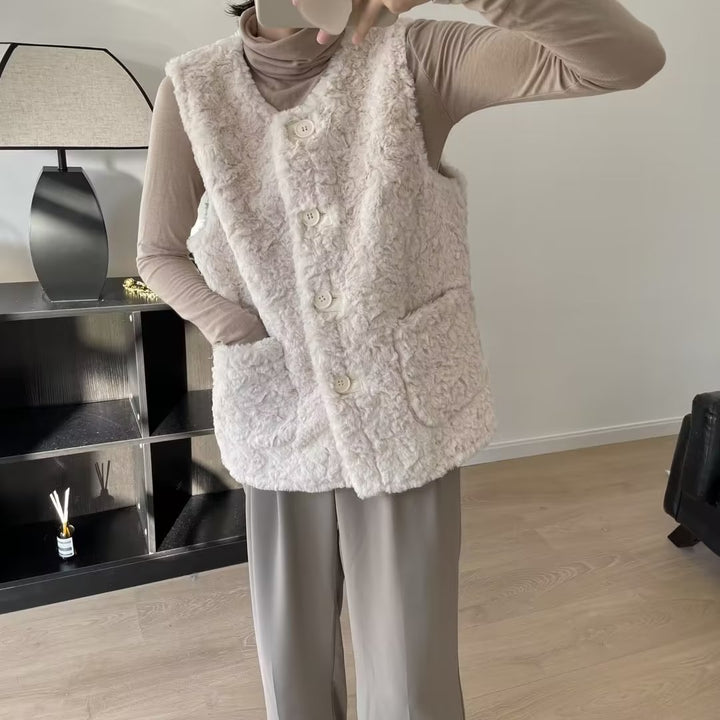 Damen gemütliche Teddy-Weste mit großen Taschen Drune