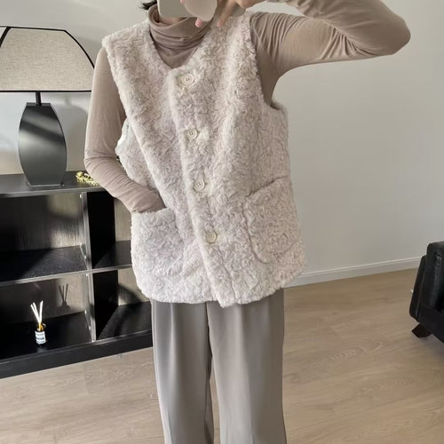 Damen gemütliche Teddy-Weste mit großen Taschen Drune