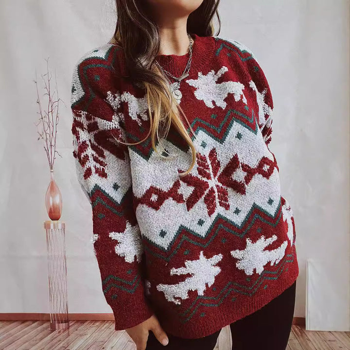 Damen festlicher Strickpullover mit weihnachtlichem Design und hohem Kragen Drune