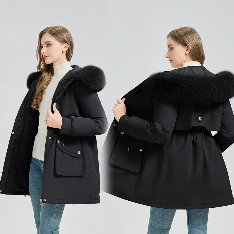Damen Modische Pufferjacke mit abnehmbarem Kunstpelzkragen und funktionalen Taschen Drune