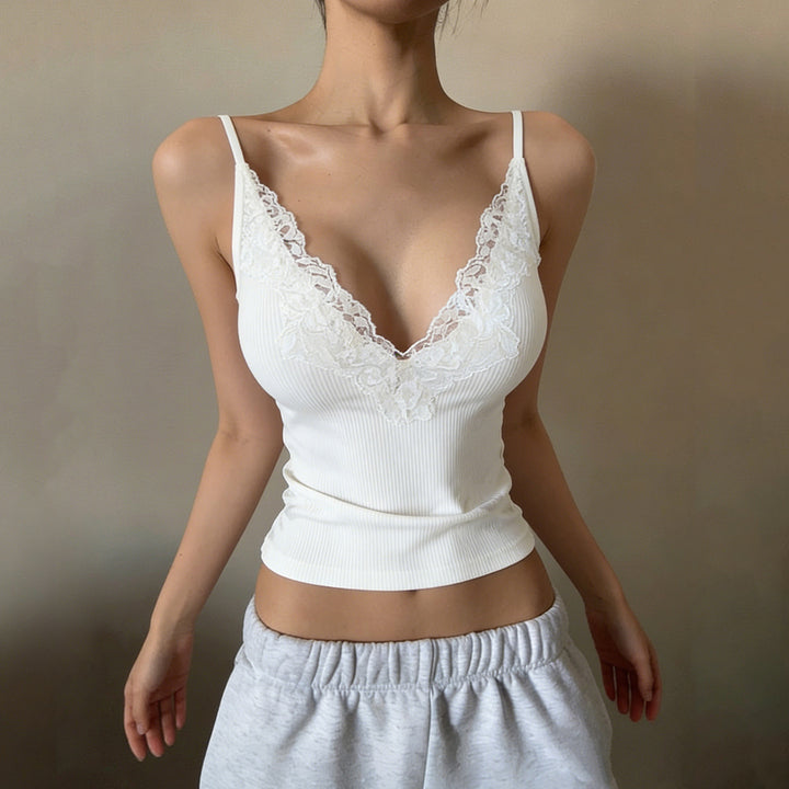 Damen Elegantes Top mit Spitzenverzierung und tiefem V-Ausschnitt Drune