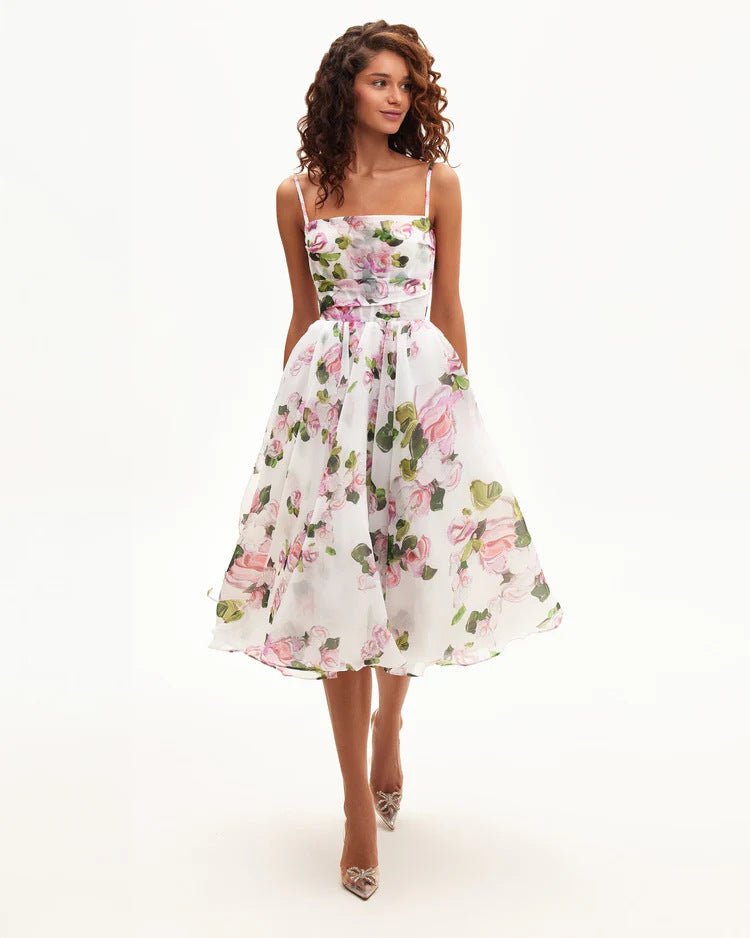 Damen Midi-Kleid mit floralem Chiffon und elegantem Taillengürtel Drune