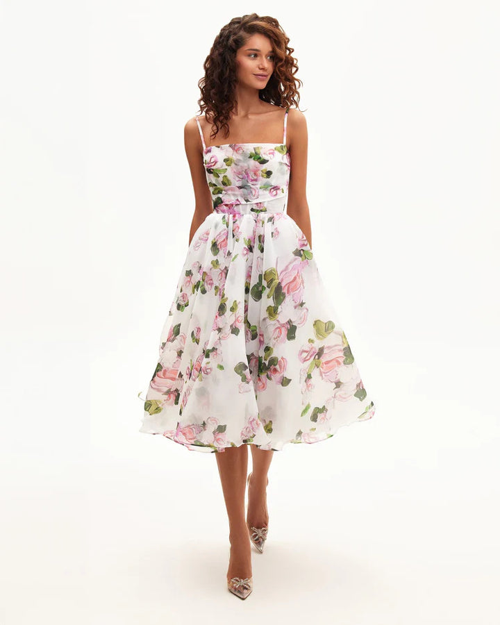 Damen Midi-Kleid mit floralem Chiffon und elegantem Taillengürtel Drune