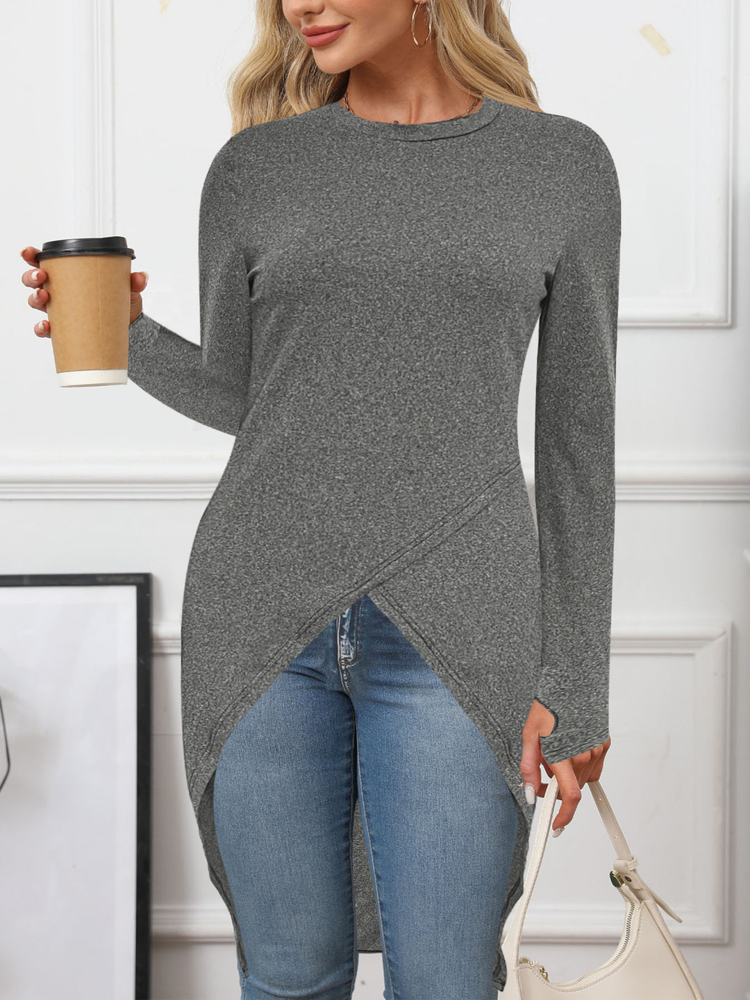 Damen asymmetrisches Langarmtop mit modischem Wickeldesign Drune