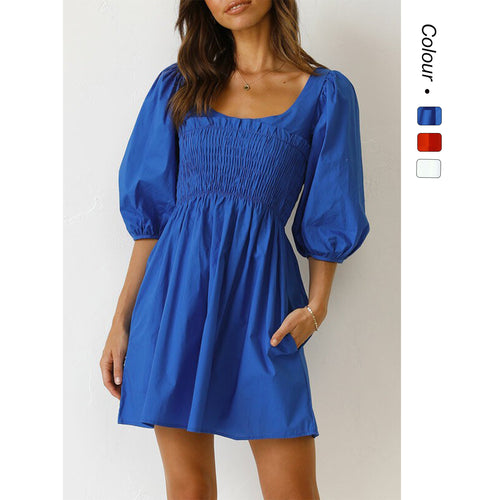 Damen Baumwollkleid mit schmaler Taille und Puffärmeln Drune