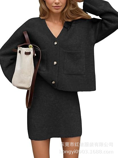 Damen lässiges Strickensemble mit V-Ausschnitt und Knopfdetaillierung Drune