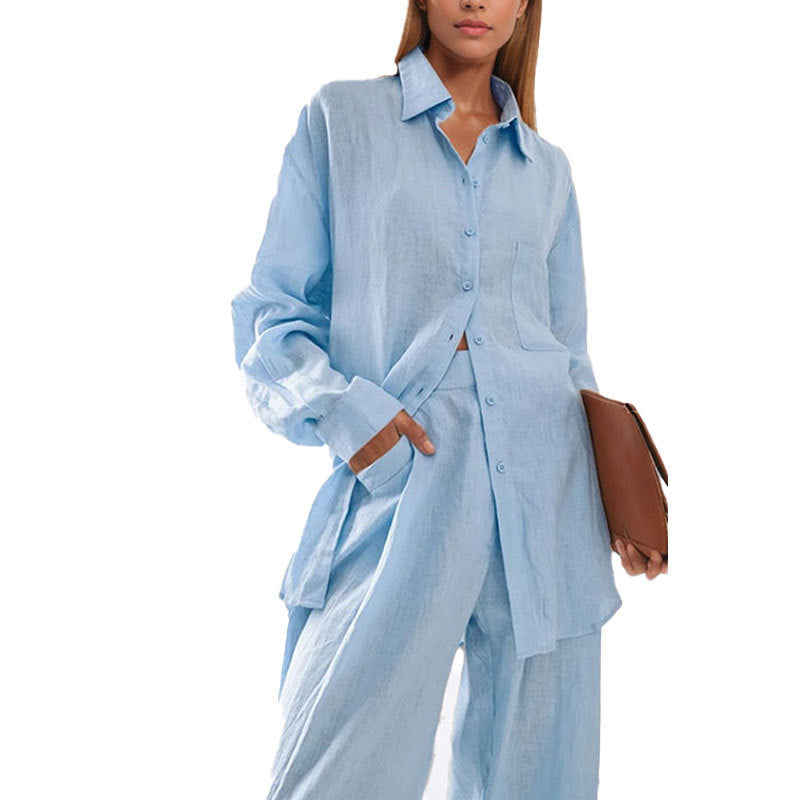 Damen lässiges Leinen-Hemd- und Hosen-Set Drune