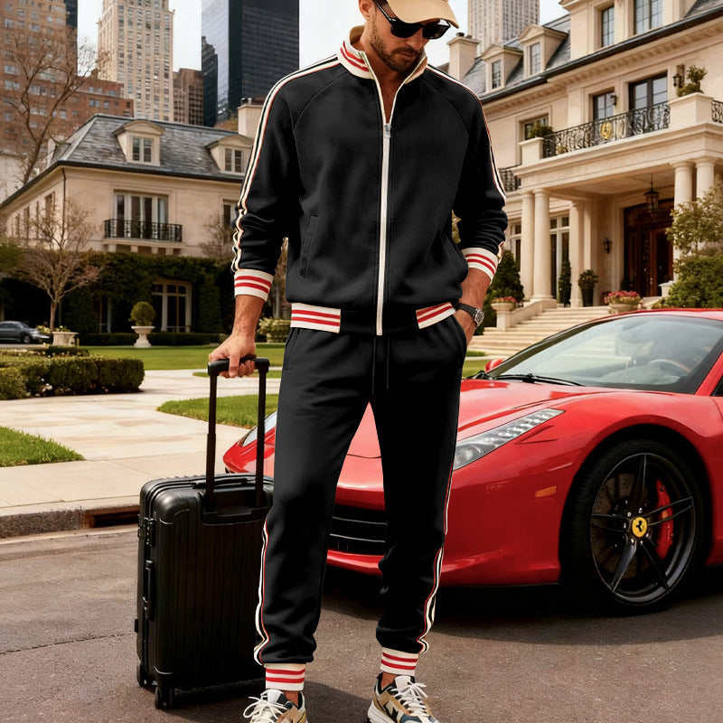 Herren nan sportiver Trainingsanzug mit gestreiften Rippbündchen, Reißverschlussjacke und tapered Jogginghose Drune