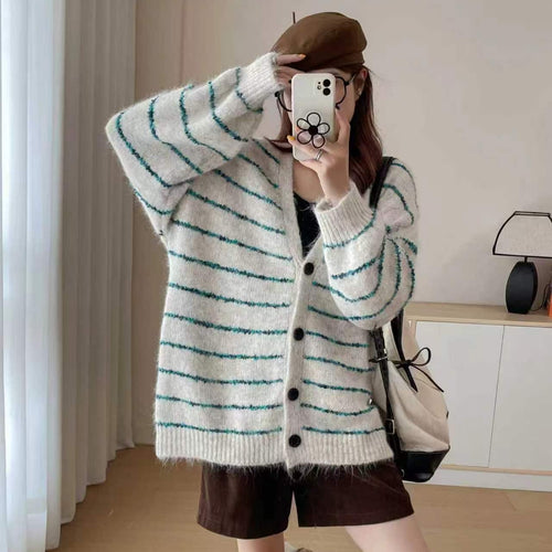 Damen Grobstrickcardigan mit kontrastierenden Streifen und sanften Ärmeln Drune