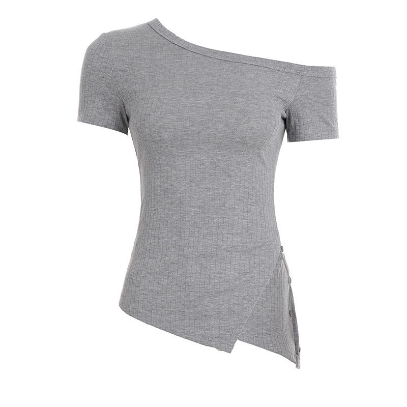 Damen asymmetrisches Kurzarm-Oberteil mit Knopfdetails und einzigartigem Schnitt Drune