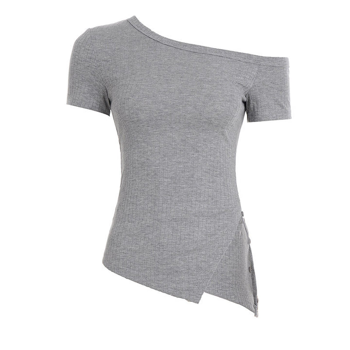 Damen asymmetrisches Kurzarm-Oberteil mit Knopfdetails und einzigartigem Schnitt Drune
