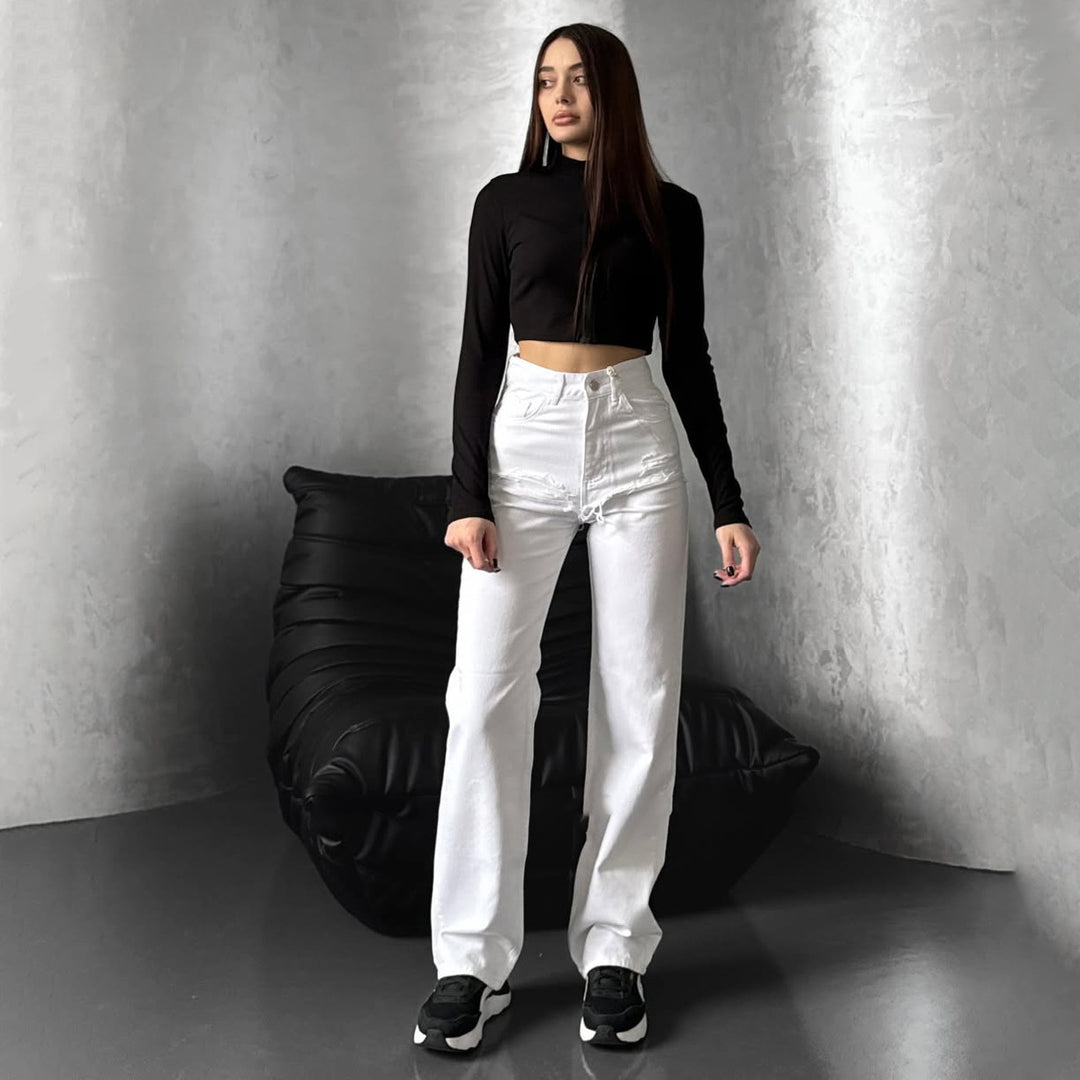 Damen Hohe Taillenjeans mit weitem Bein und Bindegürtel Drune