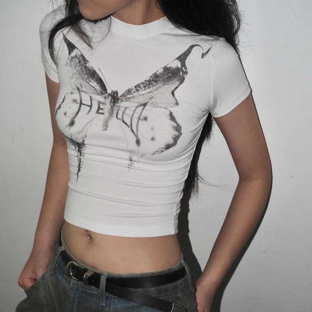 Damen Kurzarm-T-Shirt mit elegantem Schmetterlingsdesign und Stehkragen Drune